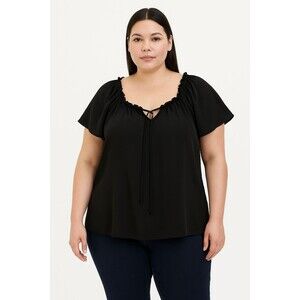 Torrid Black Ruffle Neck Short Sleeve Blouse Size 0 Plus Lightweight Top